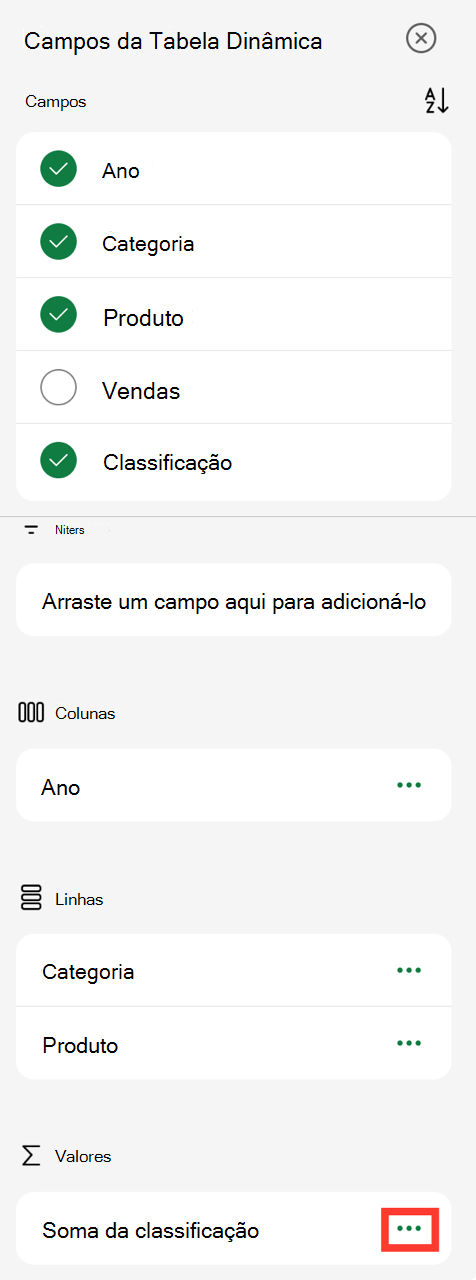 Reticências de campos de tabela dinâmica no iPad