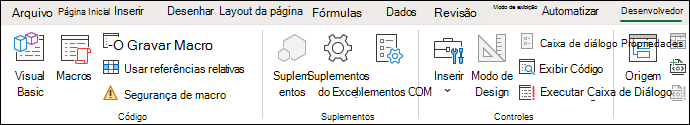 Captura de tela que mostra o grupo Código na guia Desenvolvedor.