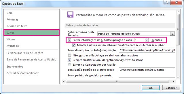 Opção Salvar em Opções do Excel