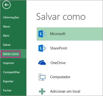 Opção Salvar como na guia Arquivo