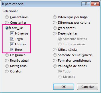 Opções para encontrar fórmulas na caixa Ir para Especial