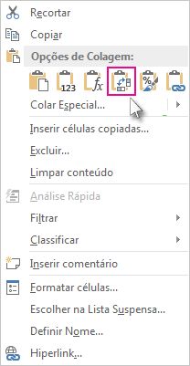 Menu Opções de colagem