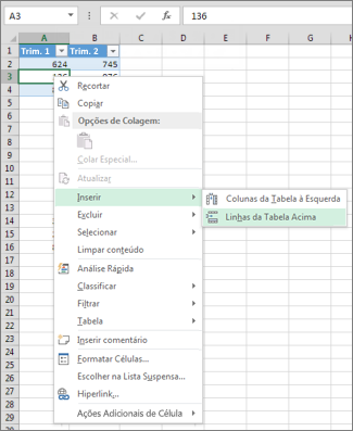 Inserir Linhas da Tabela Acima