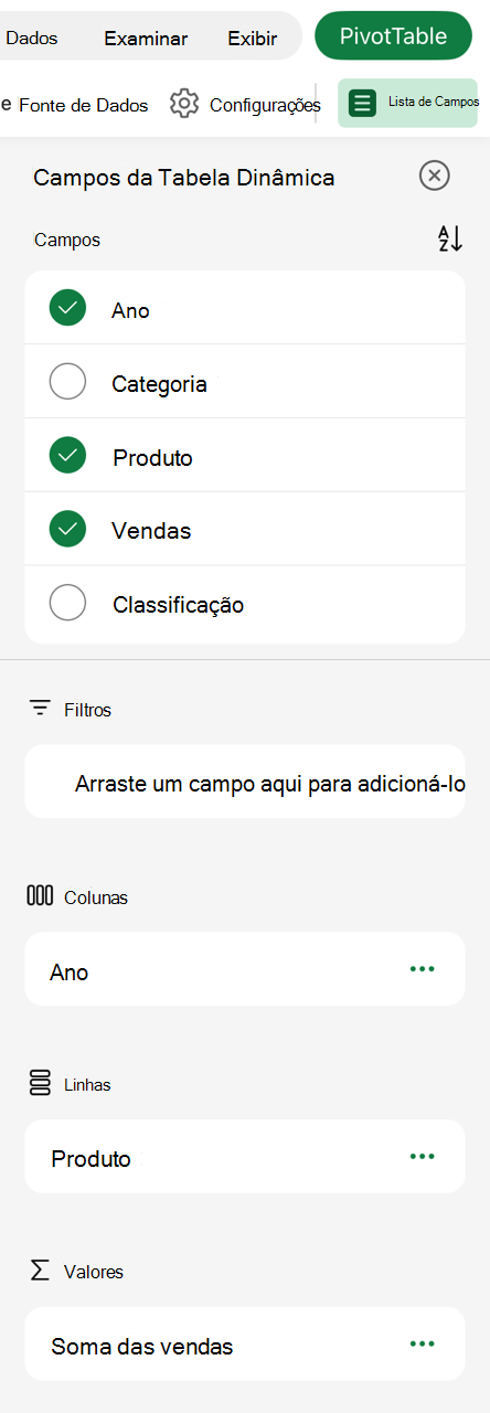 Tabela Dinâmica na lista de campos do iPad