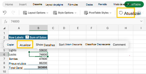 Captura de tela da tabela dinâmica de atualização no Excel para iPad