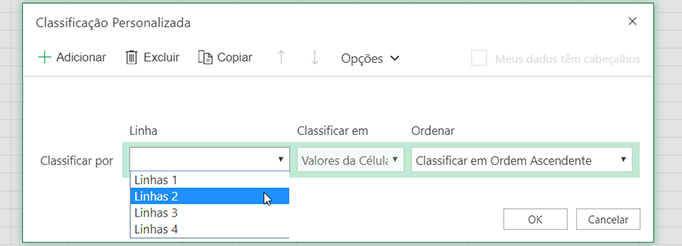 A lista suspensa de linha na caixa de diálogo de classificação personalizada está aberta ao selecionar a linha da esquerda para a direita
