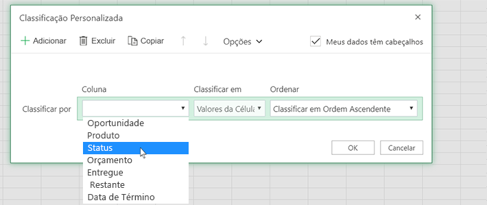 Selecione uma coluna na caixa de diálogo de classificação personalizada