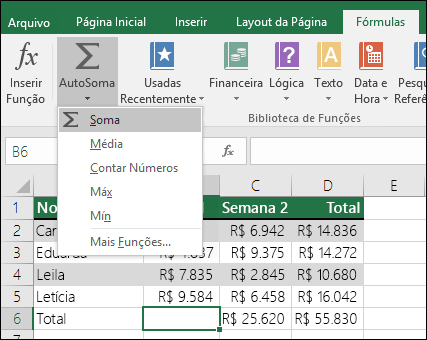 Você pode usar o Assistente do AutoSum para criar automaticamente uma fórmula Sum. Selecione um intervalo acima/inferior ou esquerdo/direito do intervalo a ser resumido e coloque a guia Fórmula na Faixa de Opções e selecione AutoSum & SOMA.