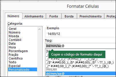 Exemplo de usar a caixa de diálogo Format > Cells > Number > Custom para que o Excel crie cadeias de caracteres de formato para você.
