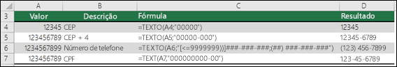 Formatos especiais para a função TEXTO