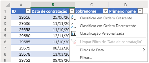 Usar o Filtro de Tabela do Excels para classificar em ordem crescente ou decrescente