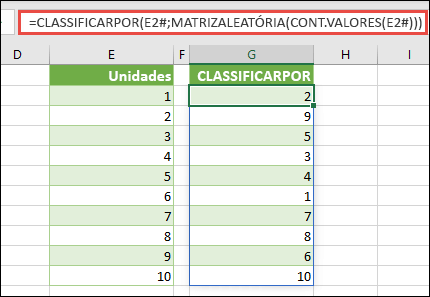 Use CLASSIFICARPOR com MATRIZALEATÓRIA e CONT.VALORES. Neste caso, E2# faz referência ao intervalo inteiro, começando na célula E2, como o que foi preenchido usando =SEQUÊNCIA(10). O operador # é chamado de operador de intervalo despejado.