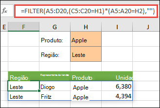Use FILTRO com o operador de multiplicação (*) para retornar todos os valores no nosso intervalo matriz (A5:D20) que tenham Maçãs E estejam na região Leste.