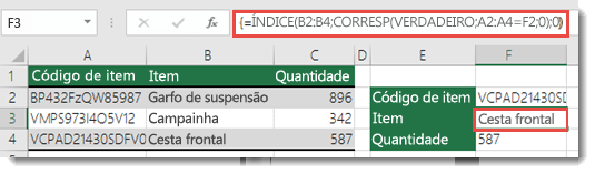 Se você estiver usando INDEX/MATCH quando tiver um valor de pesquisa maior que 255 caracteres, será necessário inserir como uma fórmula array. A fórmula na célula F3 é =INDEX(B2:B4,MATCH(TRUE,A2:A4=F2,0),0) e é inserida pressionando Ctrl+Shift+Enter