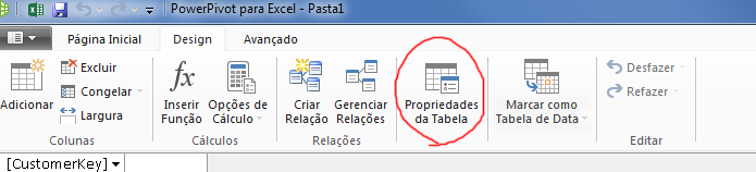 Faixa de opções na janela do PowerPivot mostrando o comando Propriedades da tabela