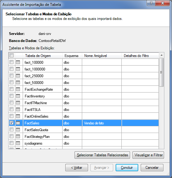 Assistente de importação de tabela no suplemento do PowerPivot
