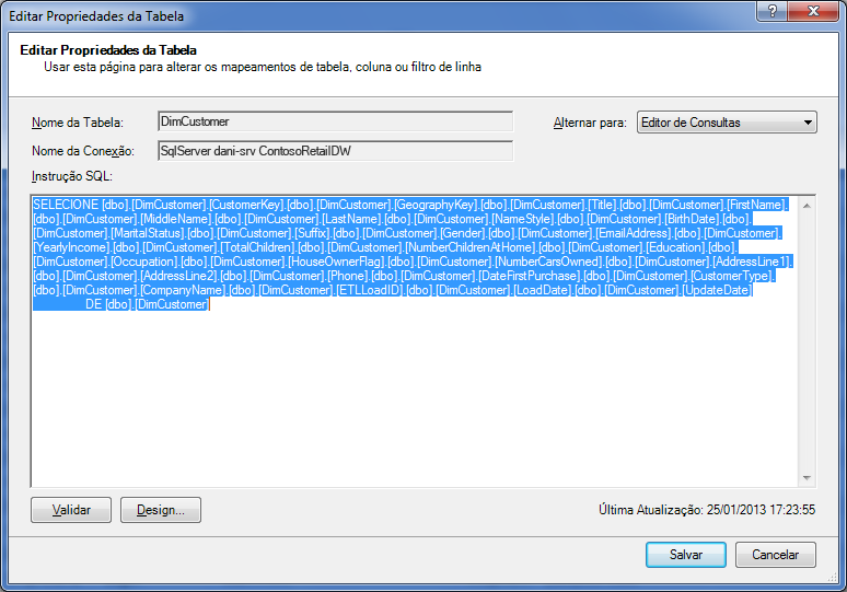 Consulta SQL usada para recuperar os dados