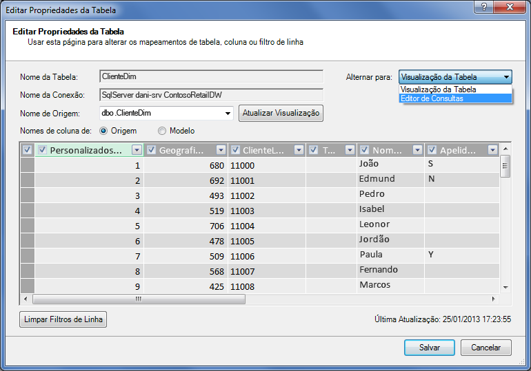Abra o Editor de Consultas na caixa de diálogo Propriedades da tabela