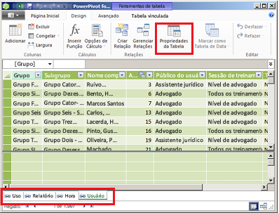 Janela com guias do PowerPivot