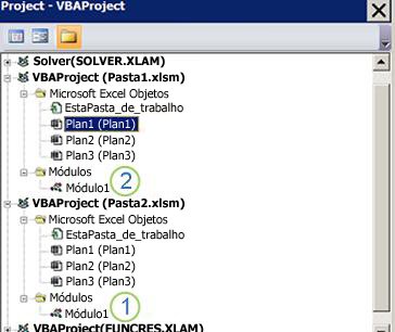 Painel do VBA Project Explorer mostrando as árvores do projeto para VBAProject Book1.xlsm e VBAProject Book2.xlsm. O número 1 marca o Módulo1 na pasta Módulos Book2.xlsm e o número 2 marca a pasta Módulos em Book1.xlsm, indicando para onde arrastar o módulo para copiá-lo.