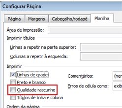 Guia Planilha na caixa de diálogo Configuração de Página
