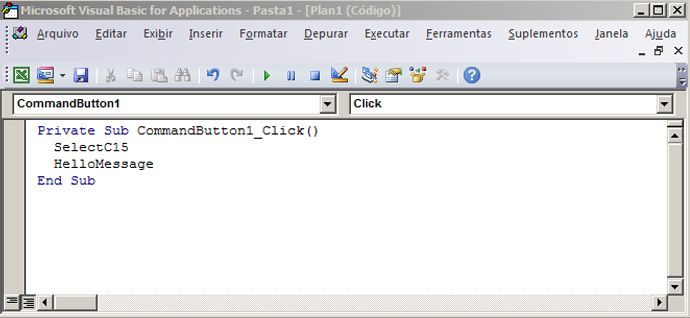 Um subprocedimento no Editor do Visual Basic