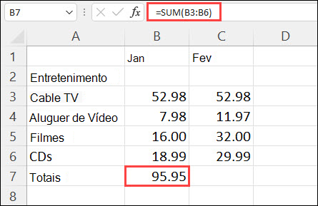 Resultado de AutoSoma na célula B7