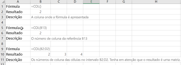 Exemplos da função COLUMN