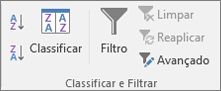 O amplificador classificar &; Grupo de filtros na guia Dados