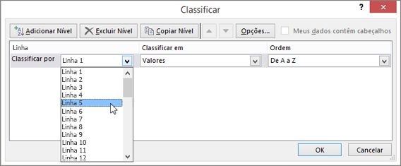Escolha a linha que você deseja classificar