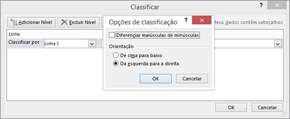 Na caixa Opções de Classificação, clique em Esquerda para a Direita