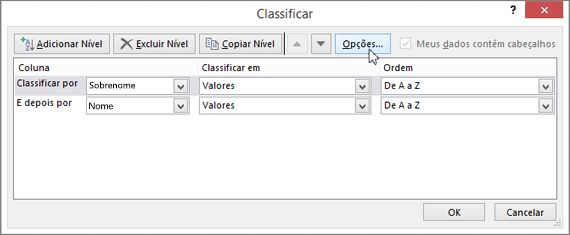 Clique em Classificar para abrir a caixa de diálogo Classificar