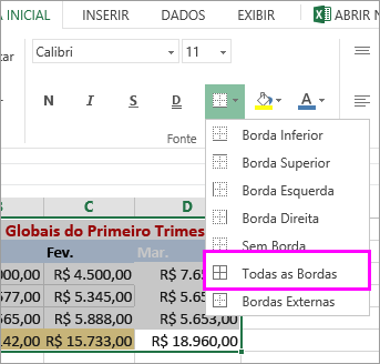 adicionar uma borda a uma tabela ou intervalo de dados