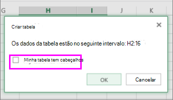 Caixa de diálogo para a conversão de intervalo de dados em uma tabela