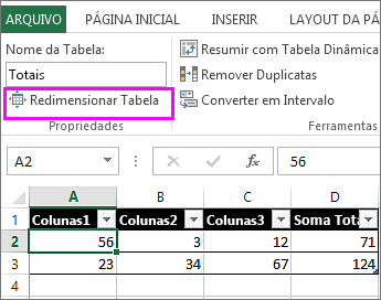 usando a opção de redimensionamento e tabela das Ferramentas de Tabela