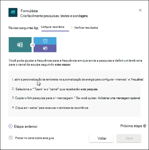 Caixa de diálogo Formulários no Teams que descreve como criar um fluxo de trabalho automatizado para o seu inquérito com o Power Automate.