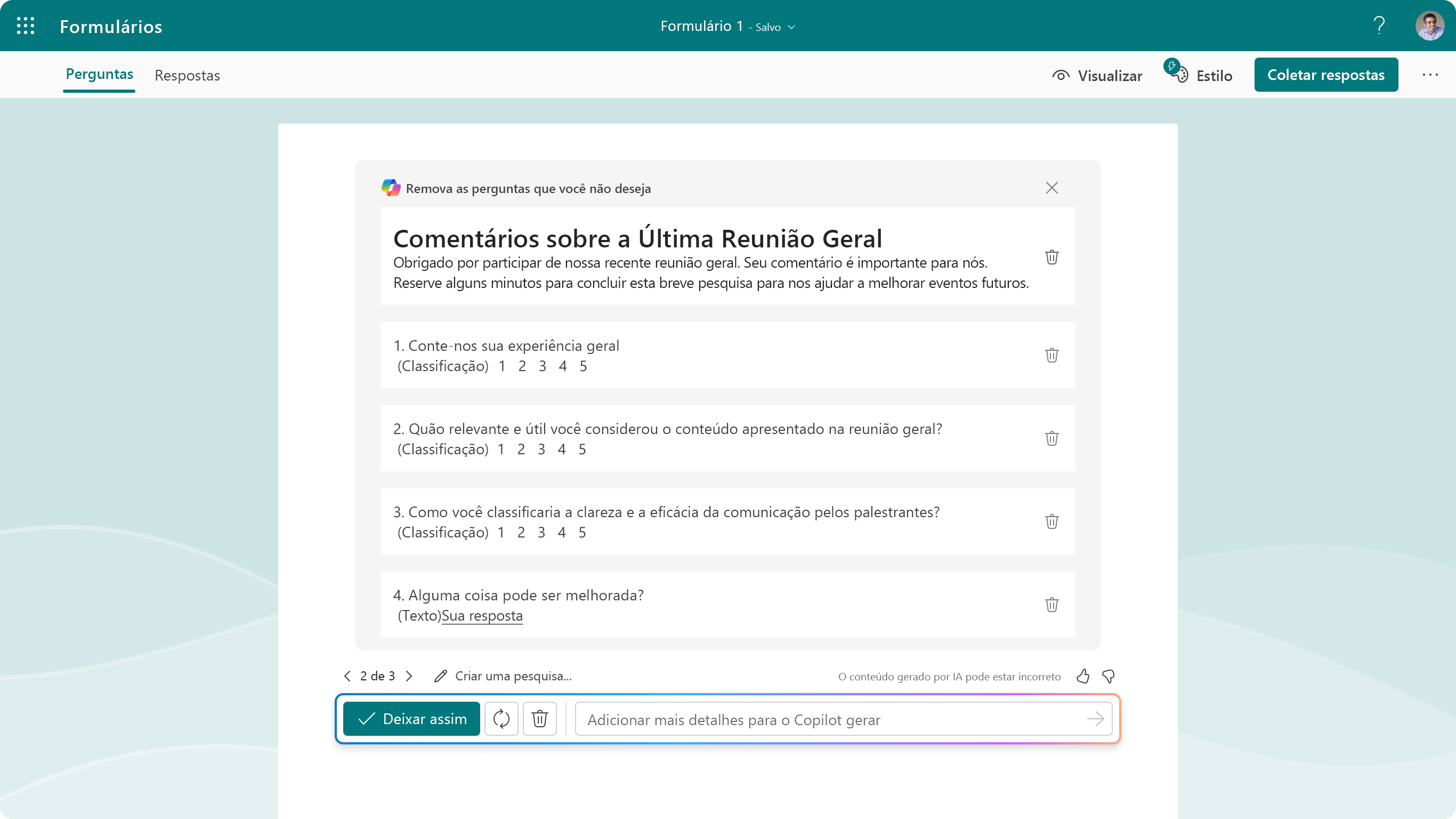 Captura de tela mostrando as perguntas sugeridas para o Copilot no Forms