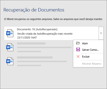 Arquivo de recuperação automática listado no painel 'Recuperação de documentos'
