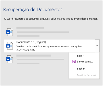 Um documento original salvo pela última vez pelo usuário listado no painel 'Recuperação de documentos'