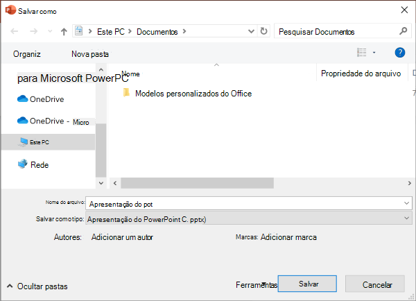 A experiência herdada de Salvar como no PowerPoint
