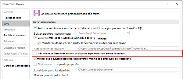 Uma captura de tela da caixa de diálogo Opções do PowerPoint realçando a configuração para não usar o Backstage ao salvar com atalhos de teclado