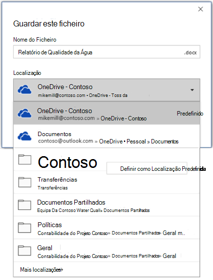 Uma captura de tela de como definir o local padrão no Word ao salvar um novo arquivo