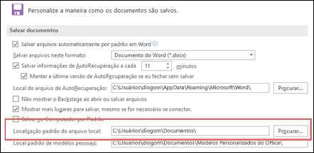 As opções de salvamento no Word, mostrando a configuração de pasta de trabalho padrão