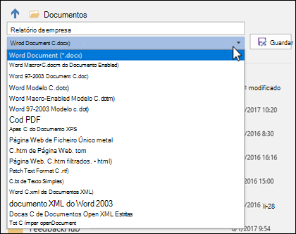 Clique no menu suspenso de tipo de arquivo para selecionar outro formato de arquivo para seu documento
