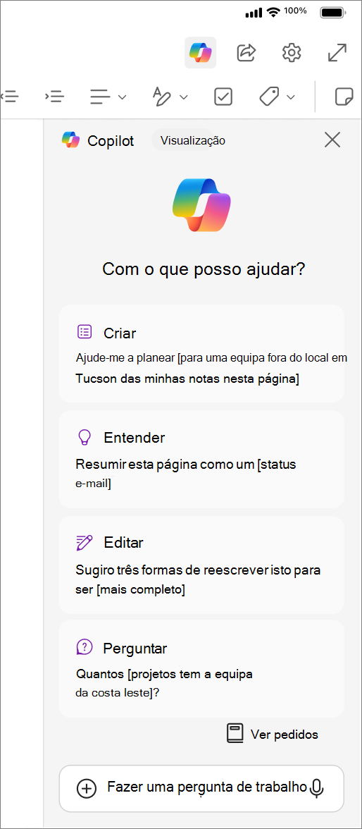 Acessando o botão Copilot no OneNote para iOS