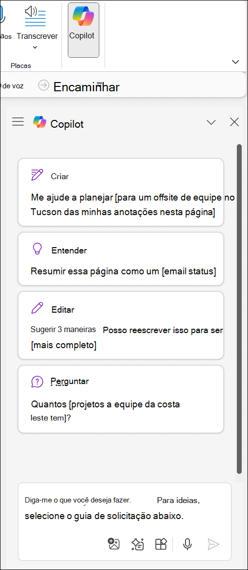Painel Copilot no OneNote no lado direito da página.