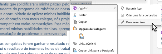 Alguns textos selecionados no OneNote. O menu de contexto é mostrado, com Copilot selecionado e Reescreva isso selecionado no sub-menu.