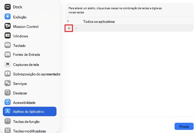 Captura de tela de atalhos de teclado no Mac.