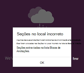 Notificação de secções no local incorreto no OneNote para Android