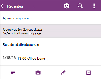 A lista Notas Recentes no OneNote para Android